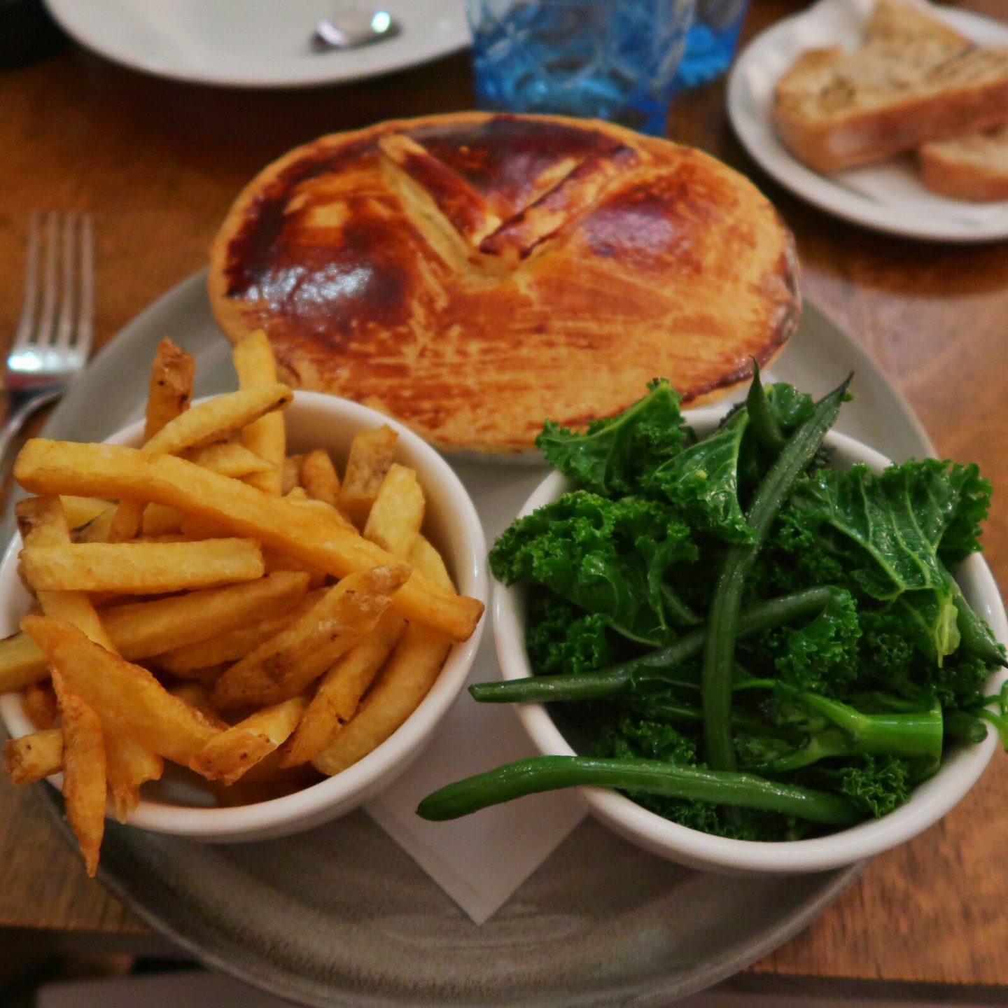 Delicious food at the Feathers hotel, Woodstock, a pie, chips and fresh veg.