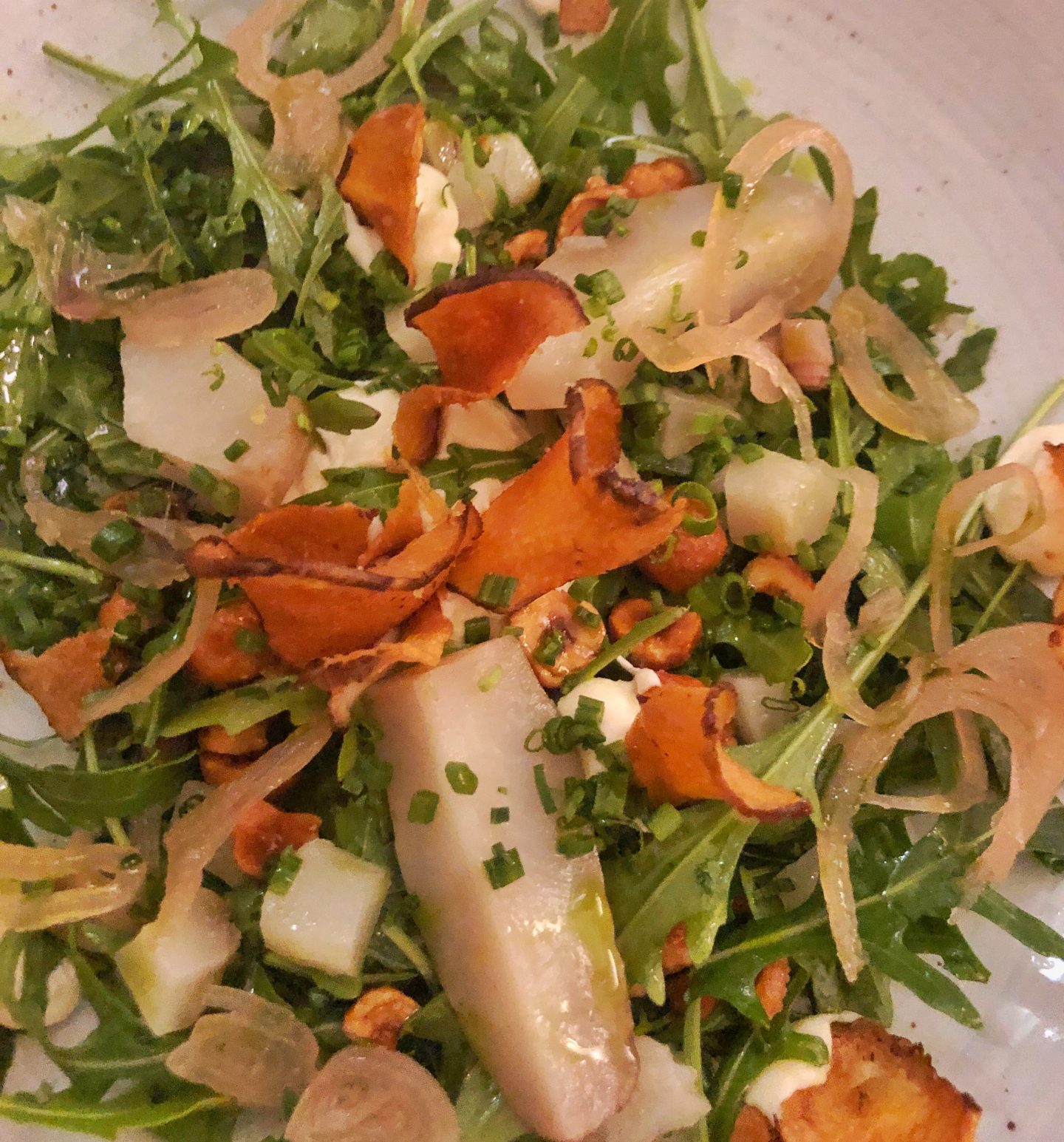 The very delicious artichoke and hazelnut salad at The Feathers Hotel.