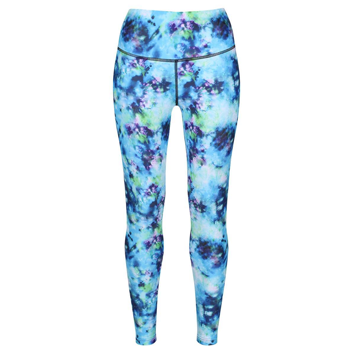 Running gear leggings in bright blues and turqouise.