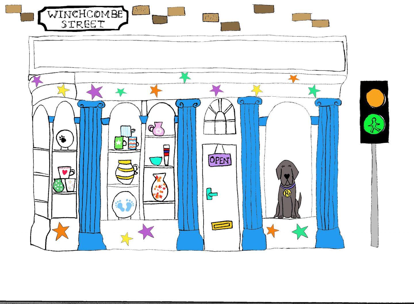 A lovely hand drawn illustration of Paint It Yourself Pottery Cheltenham with the lovely Rosie the dog in the doorway.