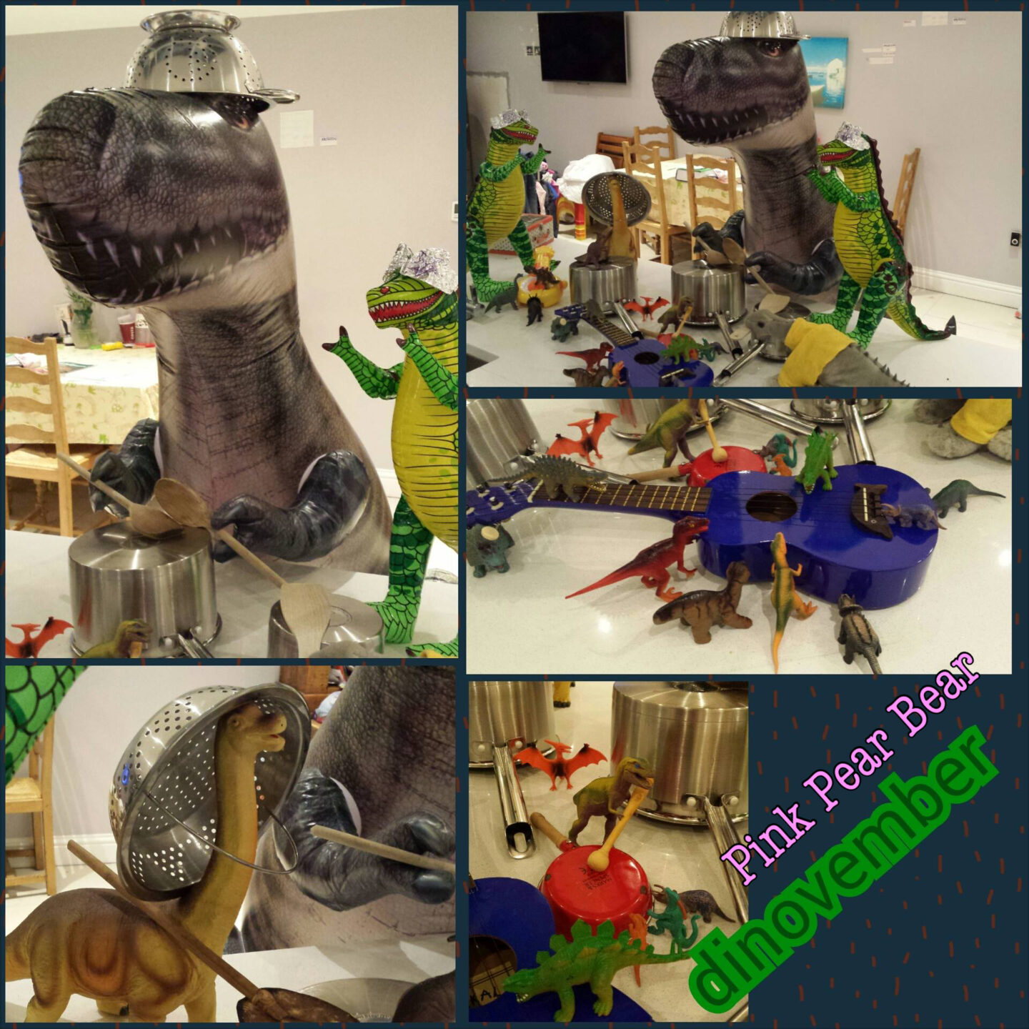 Our toy dinosaurs formed a 'house band' using pots and pans during dinovember.