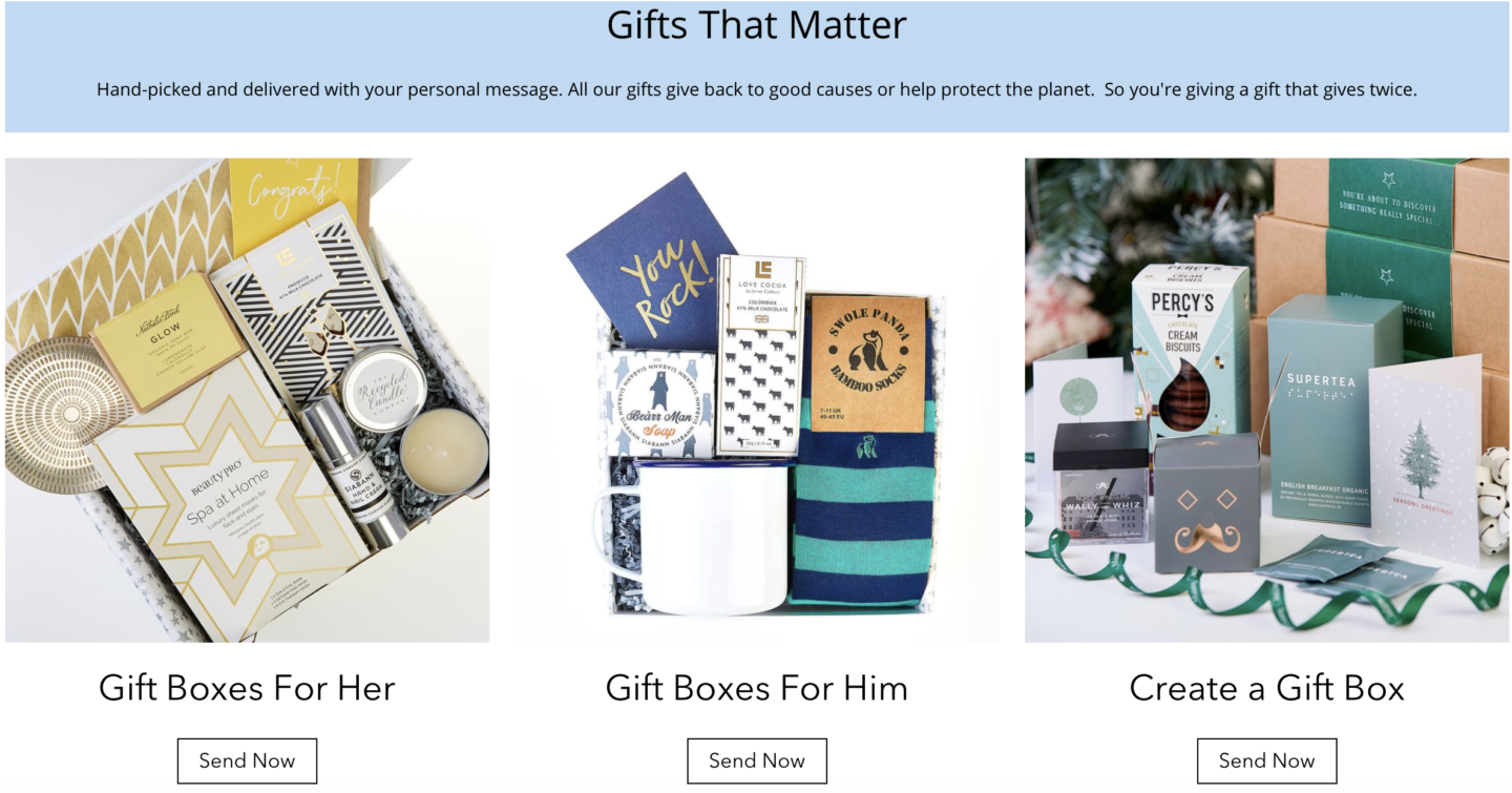 A still from the lovely Box Tree Gifts' website detailing how they select eco conscious gifts in their boxes.