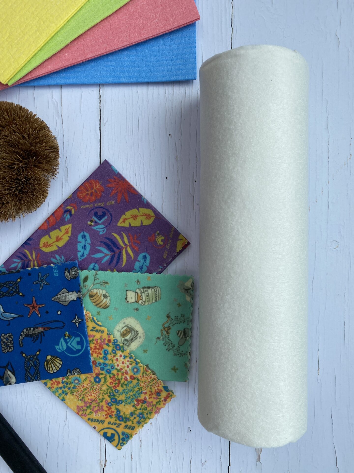 Bamboo kitchen roll and colourful beeswax wraps, just a few of the eco friendly cleaning products on the SaveMoneyCutCarbon website.